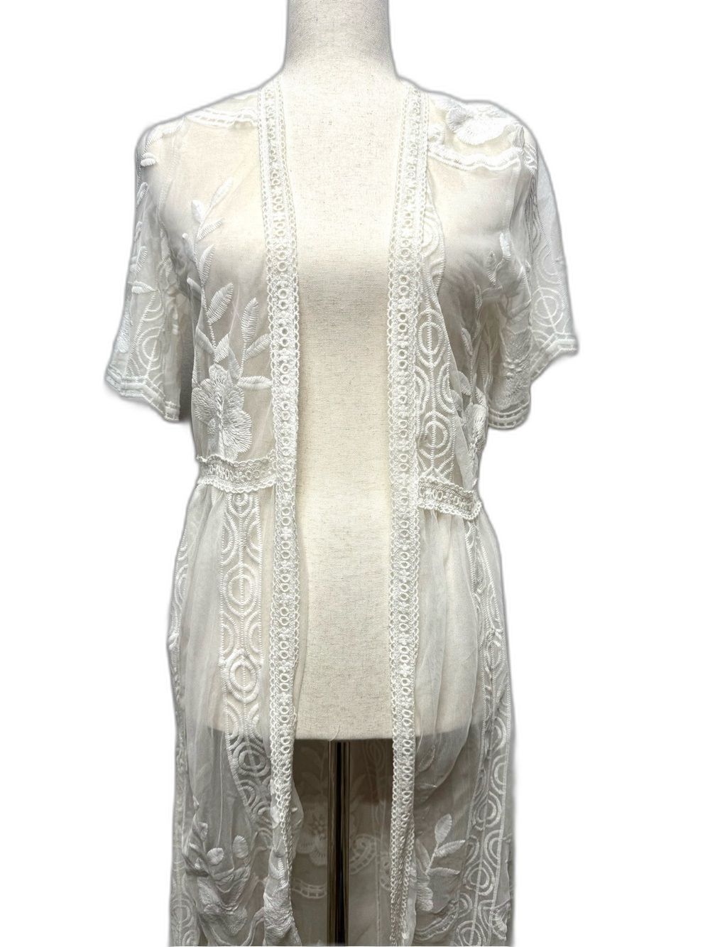 Sheer Embroidered White Lace Coverup Kimono
